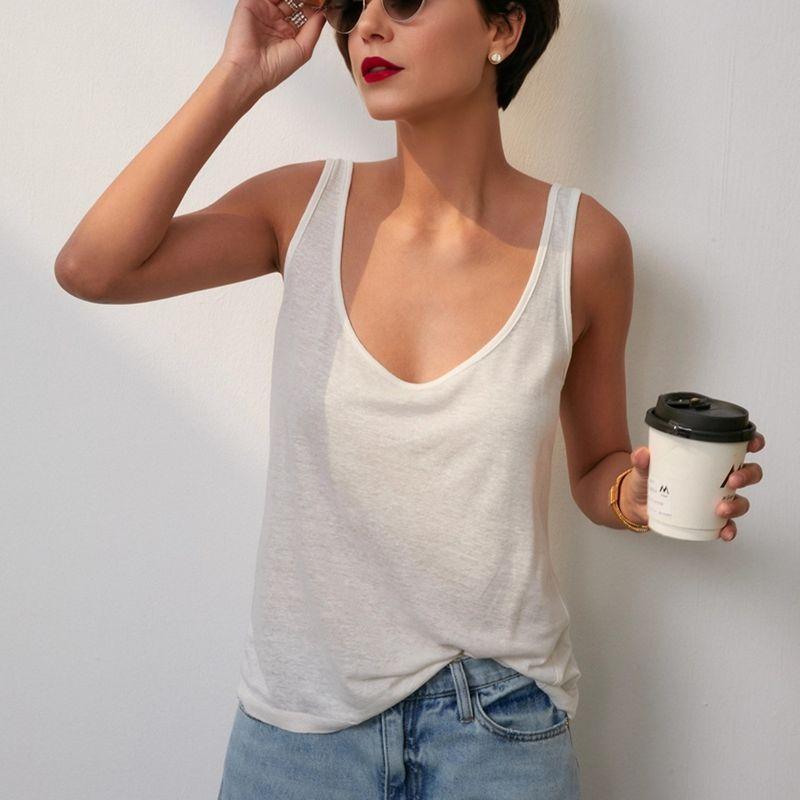 Linen French Style UK Spaghetti Strap Cotton Top Cami Sexy White U Collar Thread Export Brown