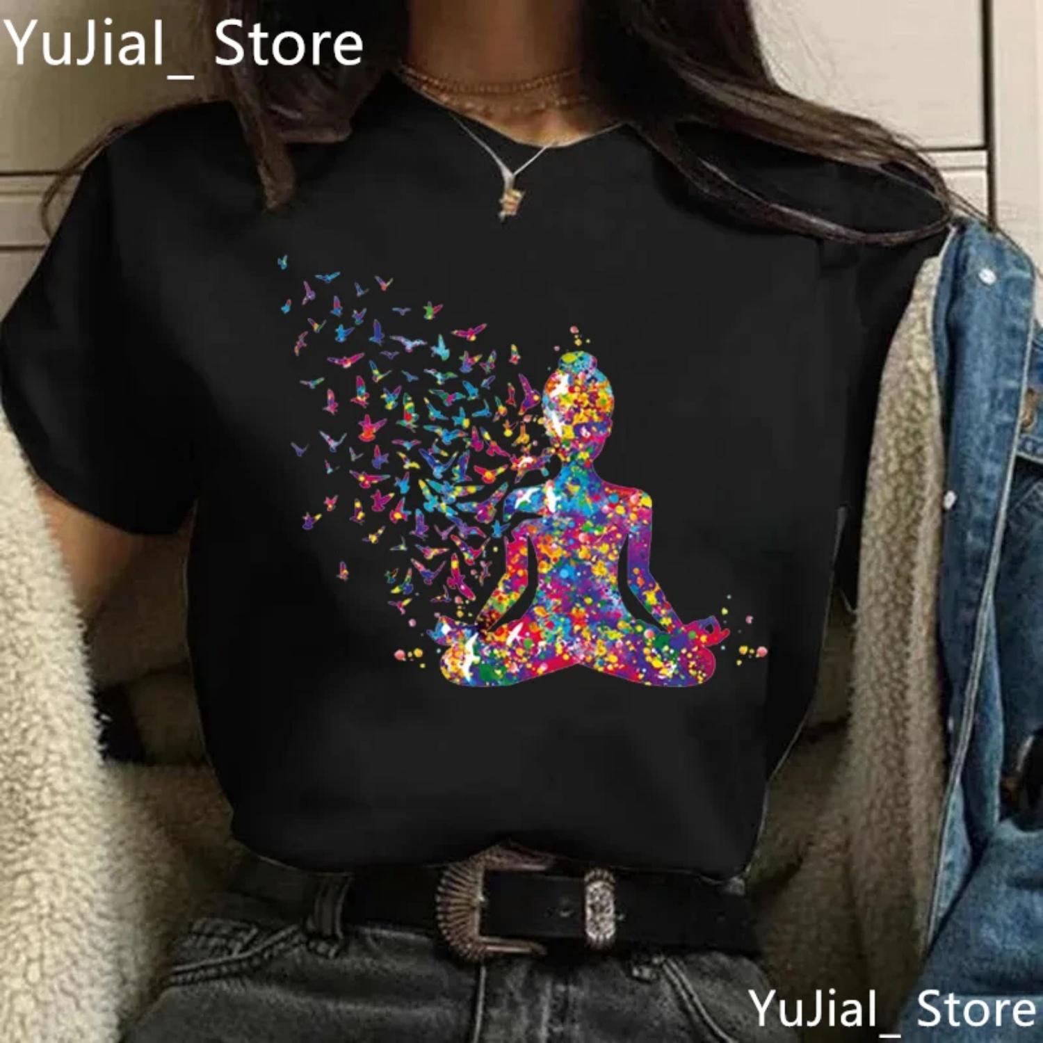 

Rainbow Tree Print Tshirt Women Buddha Chakra Meditation T Shirt Femme Breathe Symbols Yoga T-Shirt Female Harajuku Shirt S чёрный