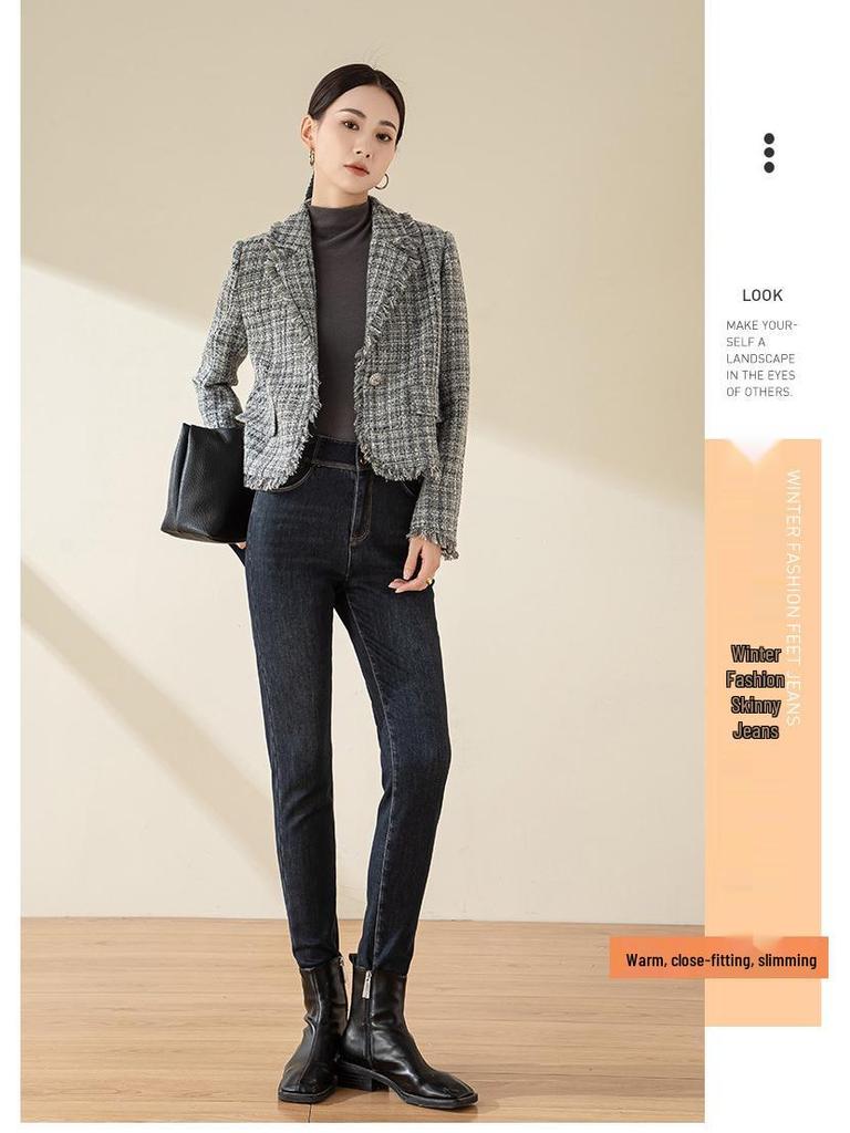 Damen Winter 2024 Skinny High-Waist Stretch Jeans mit Fleece-Futter
