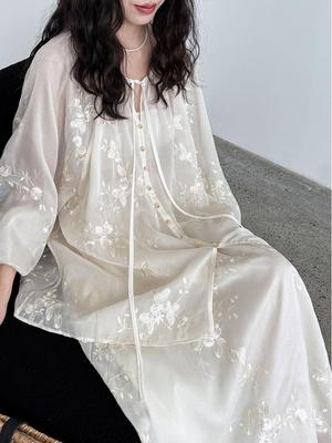 Women's Summer Embroidery Shirt & Skirt Set - Chinese National Style, Sun-Protective, Two-Piece