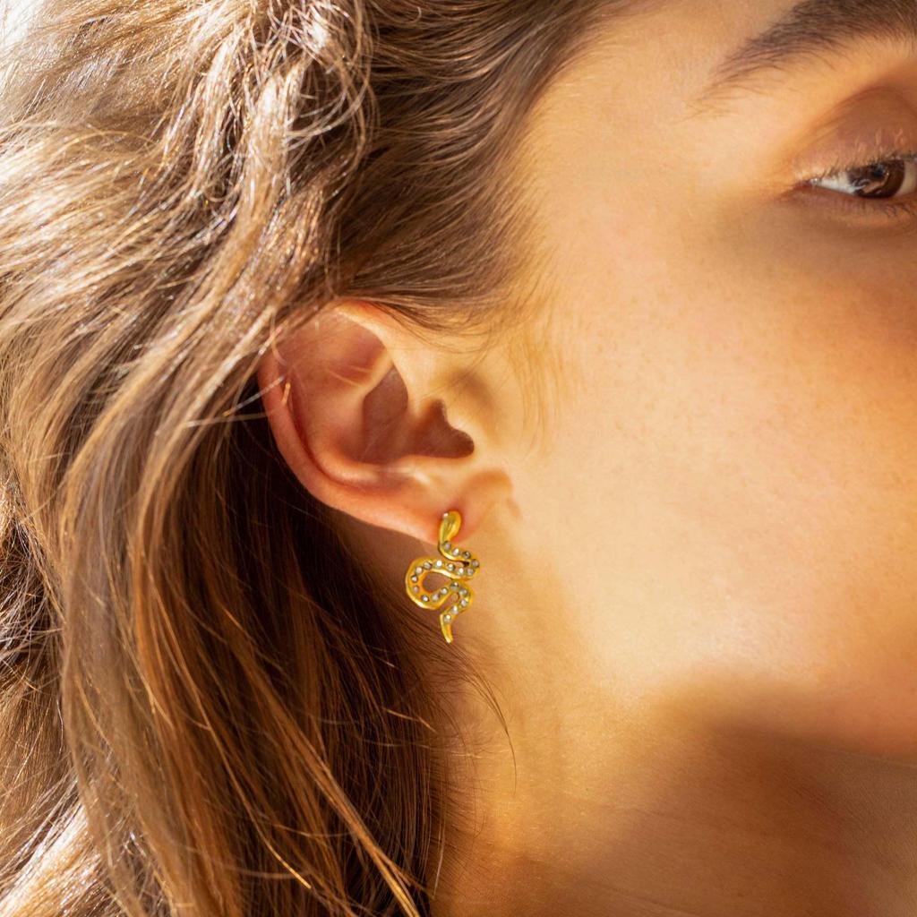 Elegant 18K Gold Snake Stud Earrings: Non-Fading Titanium Steel with Diamonds, Chic European & American Style