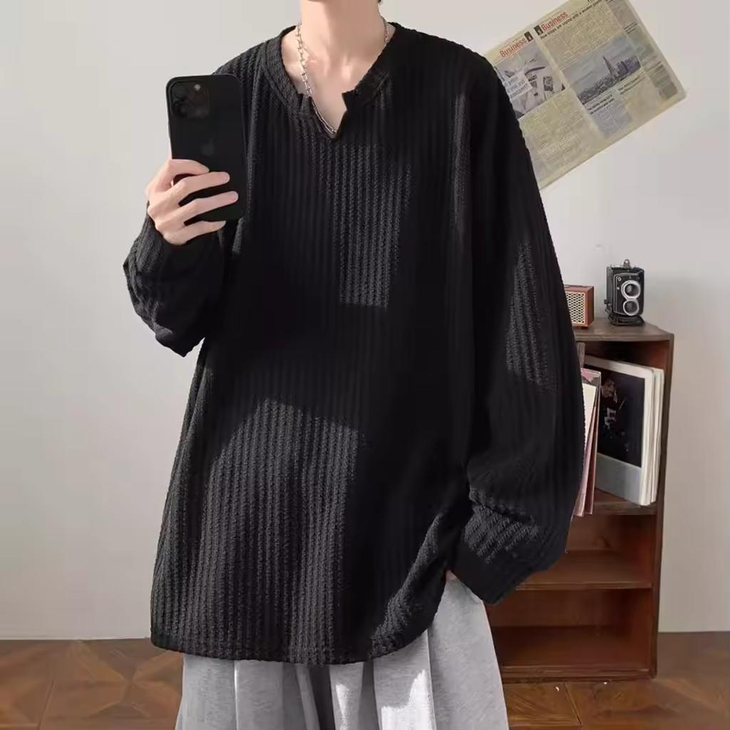 Spring Autumn Streetwear T-shirt for Men Hip Hop Baggy Tops Casual Solid Color Male Loose Long Sleeve Tees