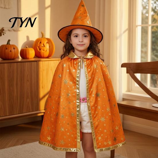 Dreamy Gold Edge Witch Costume Kids Wizard Cloak with Hat for Boys Girls, Halloween Kindergarten Activities Cape Prop Party Cosplay