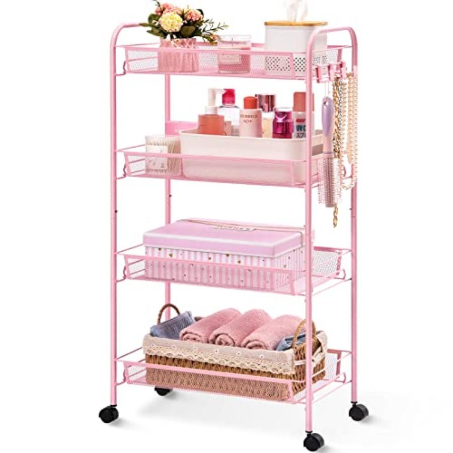 

4 Tier Rolling Utility Cart - Durable Metal Pink Storage Trolley on Wheels with 3 Hooks for Kitchen Bathroom Laundry Room Organ United States