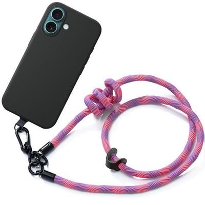 Hülle mit Umhängeband für iPhone 16 Plus - Stoßfestes, kratzfestes Silikon Schwarz mit abnehmbarem rosa Umhängeband