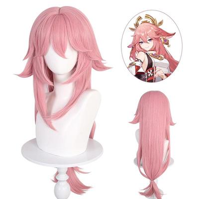 Peruka do Cosplayu Anime, Yae Miko Różowa Długa Warstwowa Syntetyczna Peruka z Włókna Odpornego na Wysoką Temperaturę