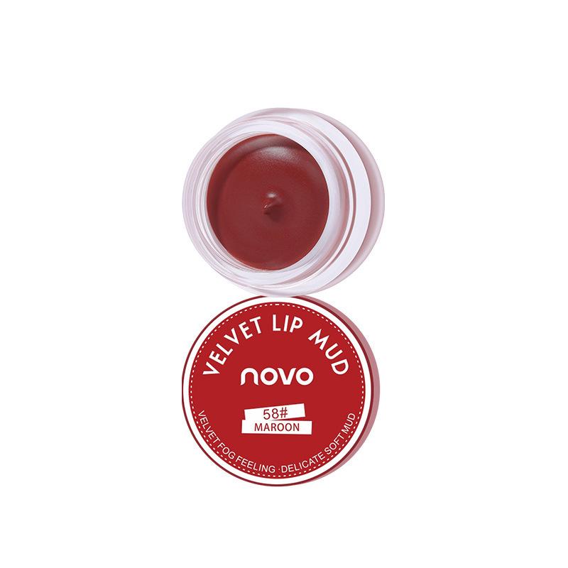 NOVO Velvet Matte Lipstick: Jellied Jar Formula for a Mist-like Finish, Long-lasting, Non-Staining, Enhances Pale Skin with Glossy Mud Tones.