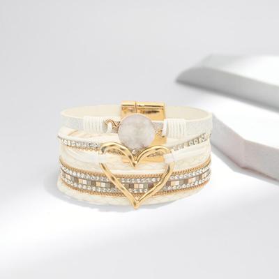 Yousheng Lady Bracelet Multi-layered Rhinestone Faux Leather Bohemian Style Braided Heart Lightweight Wrist Jewelry Lady Bangle Rope Wristband