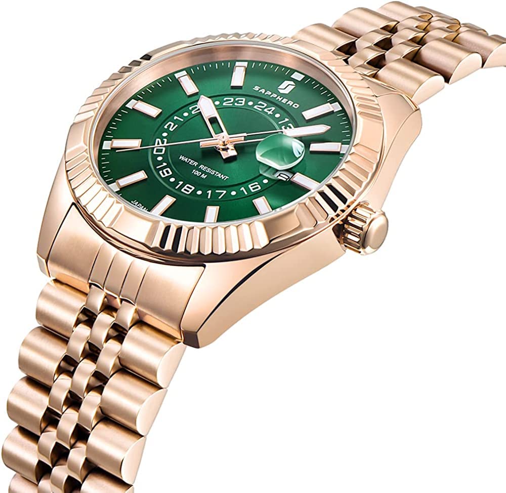 water resistant to 10 Japanese analog date golden gold green Men's watch, ATM, movement, watch, simple, gift, men's, business, display, quartz,