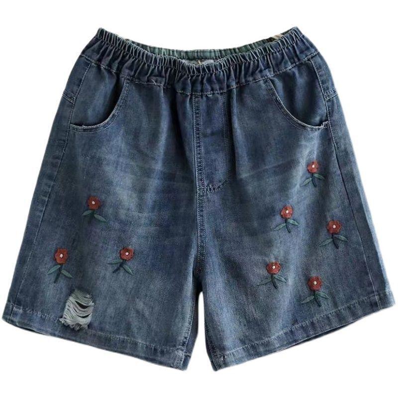 Women's Denim Shorts Summer Thin Style Large Size Loose High Waisted Embroidered Wide Leg Casual