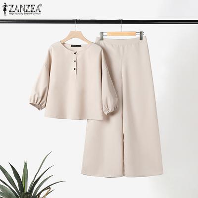 Women Blouse and Wide Leg Pants Casual Two Piece Trouser Suit Set