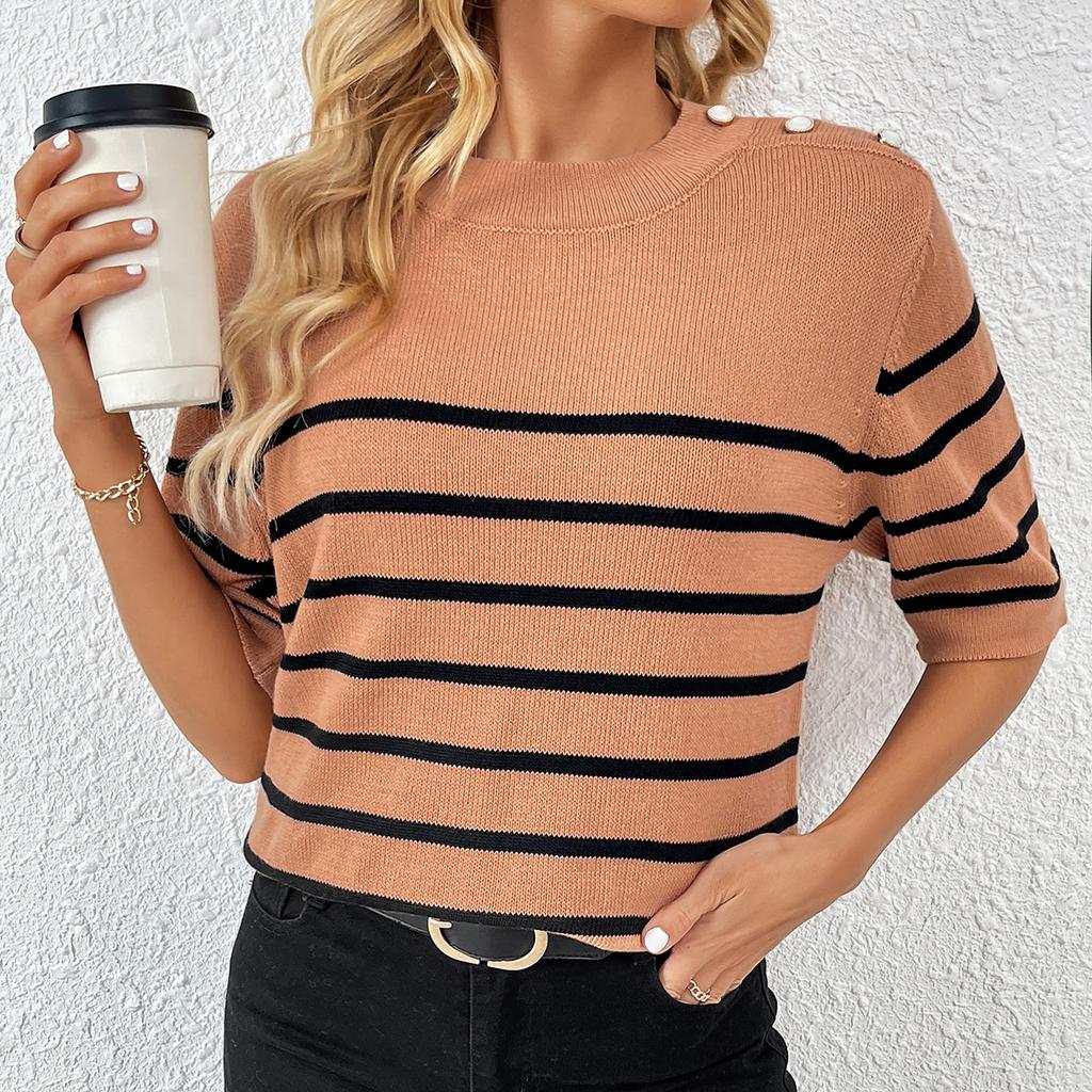 Frühling/Sommer Neue Damen-Pullover mit Knöpfen und Streifen, modisch, Rundhalsausschnitt, kurzärmelige Damen-Strickwaren