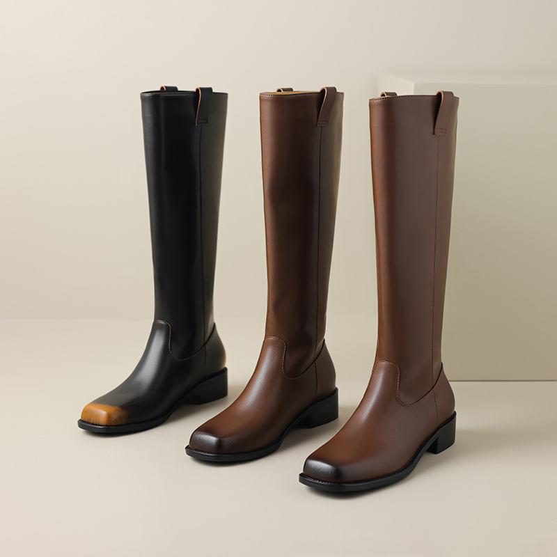 Women's Low Heel Boots Autumn and Winter New High Quality Thick Heel Cowhide Boots Comfortable Breathable Large Size Boots