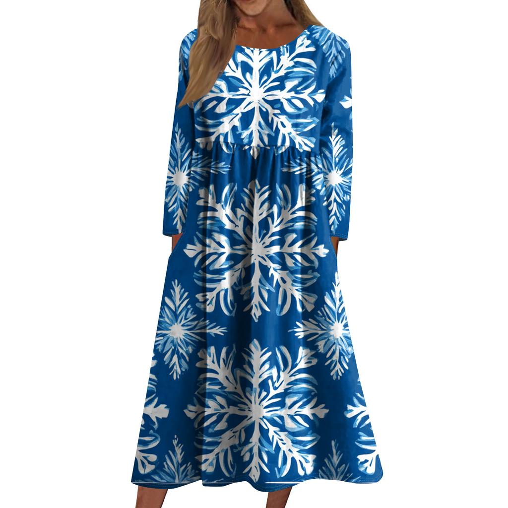 Women's Casual Crew-neck Christmas Print Mid-length Dress Long-sleeved Dress With Pocket