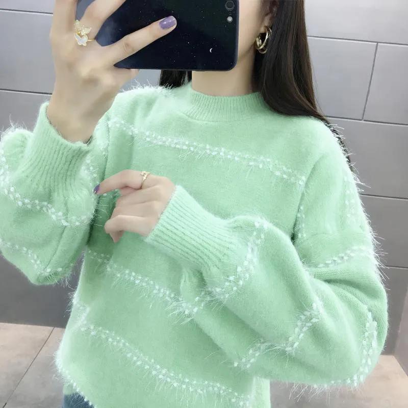 Women's Spring/Fall Loose-Fit Half-Turtleneck Knit Base Layer Sweater with Mink-Fleece Imitation Design