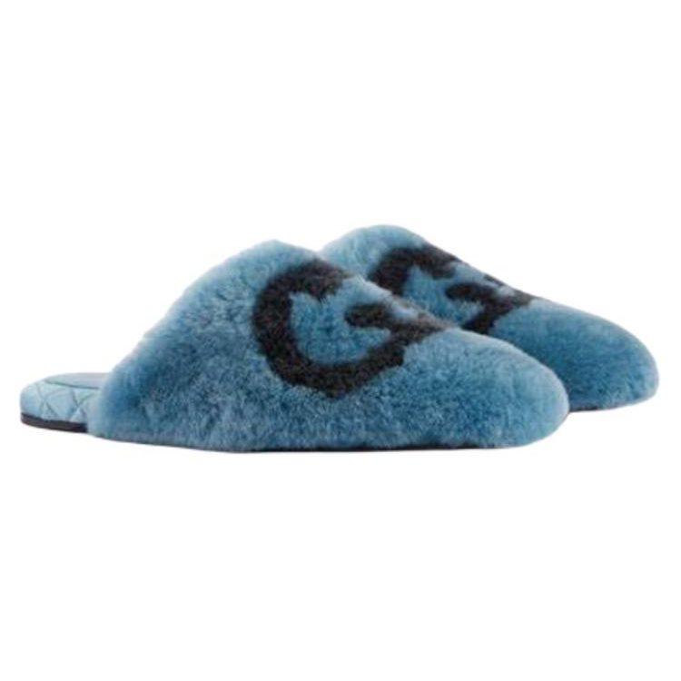 Gucci Interlocking G Faux Fur Slippers Blue Black Women's 719847 AAAUL 8439