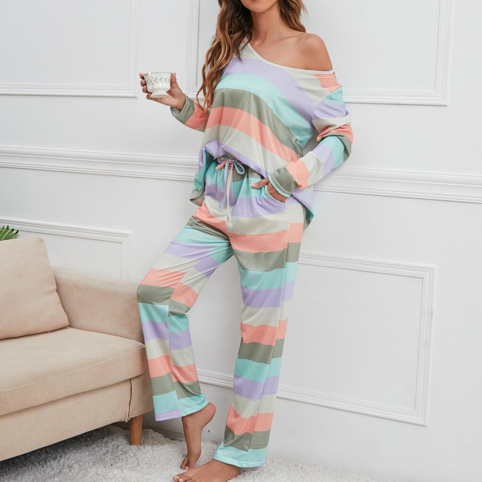

Ladies Loose And Comfortable Striped Printed Home Clothes Long Sleeved Pants Casual And Fashionable Two-piece Set XL