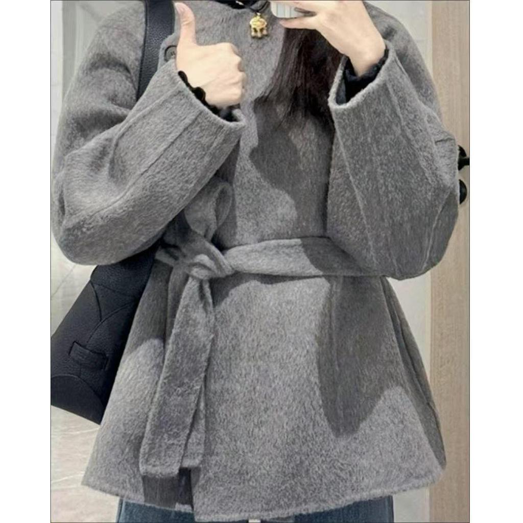 Korean Style Grey Wool Coat: 2025 Autumn/Winter Petite Belted Hepburn Woolen Outerwear
