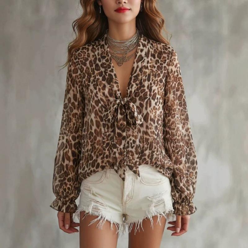 Women S V Neck Leopard Print Long Sleeve Loose Fit Sexy Commute Blouse