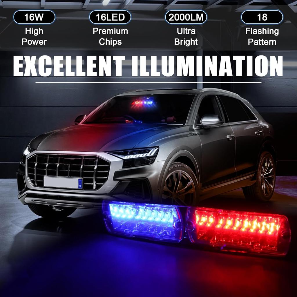 Car 16-Led 18 Flashing Mode Emergency Vehicle Dash Warning Strobe Flash Light Red Blue
