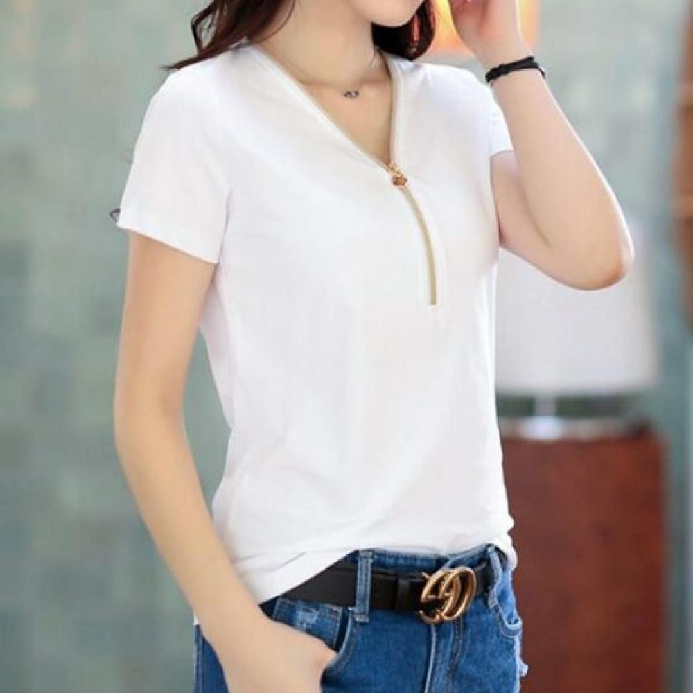 NaVaVa NT2346 Simple Zip PoinT V Neck ShorT sleeVe T shirT