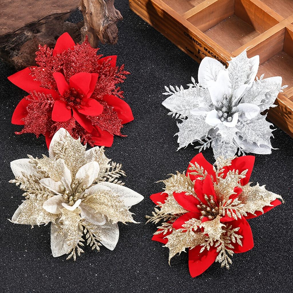 1pc Christmas Poinsettia Artificial Flower, Christmas Tree Wreaths Garland Decor, Glitter Flowers Decor for Xmas New Year Wedding Party Ornaments