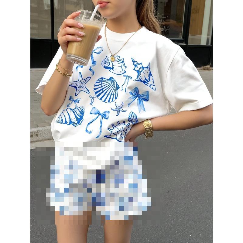 

European sizes Summer Girls Casual Round Neck T-Shirt Cute Marine Life, Shell, Bowknot Print Pattern Fashion Trend 98cm белый