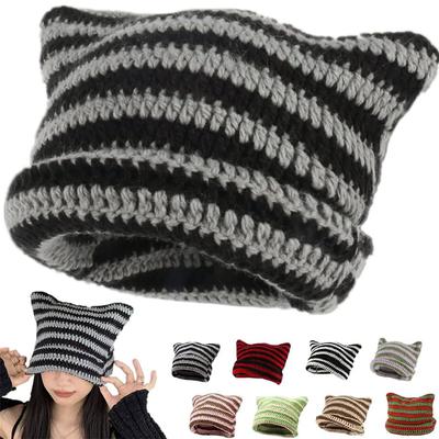 Japanese Streetwear Harajuku Beanie Hat Little Devil Striped Knitted Hat ForWomen Girls Autumn Winter Cute Cat Ears Cap