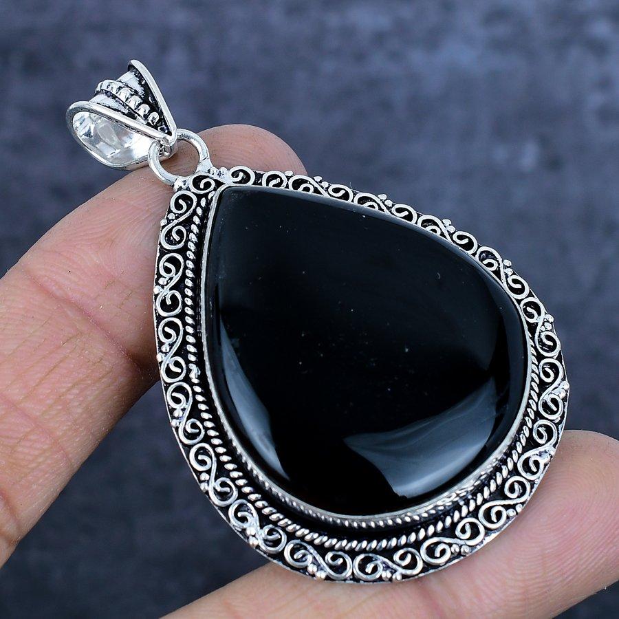 Black Onyx Handmade 925 Sterling Silver Jewelry Pendant 2.56" k7B58