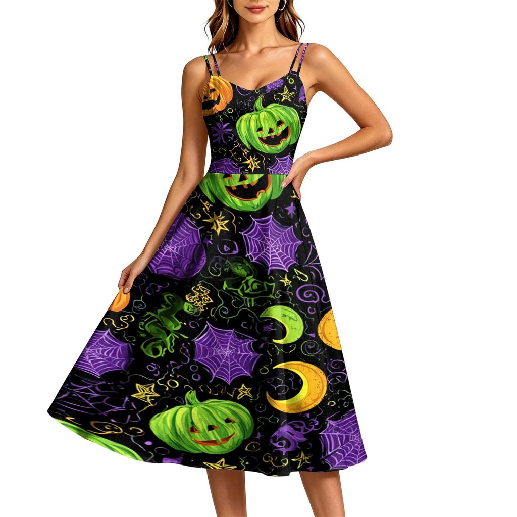 Women's Casual Round Neck Sleeveless Dress with Halloween Print for Party and Daily Wear