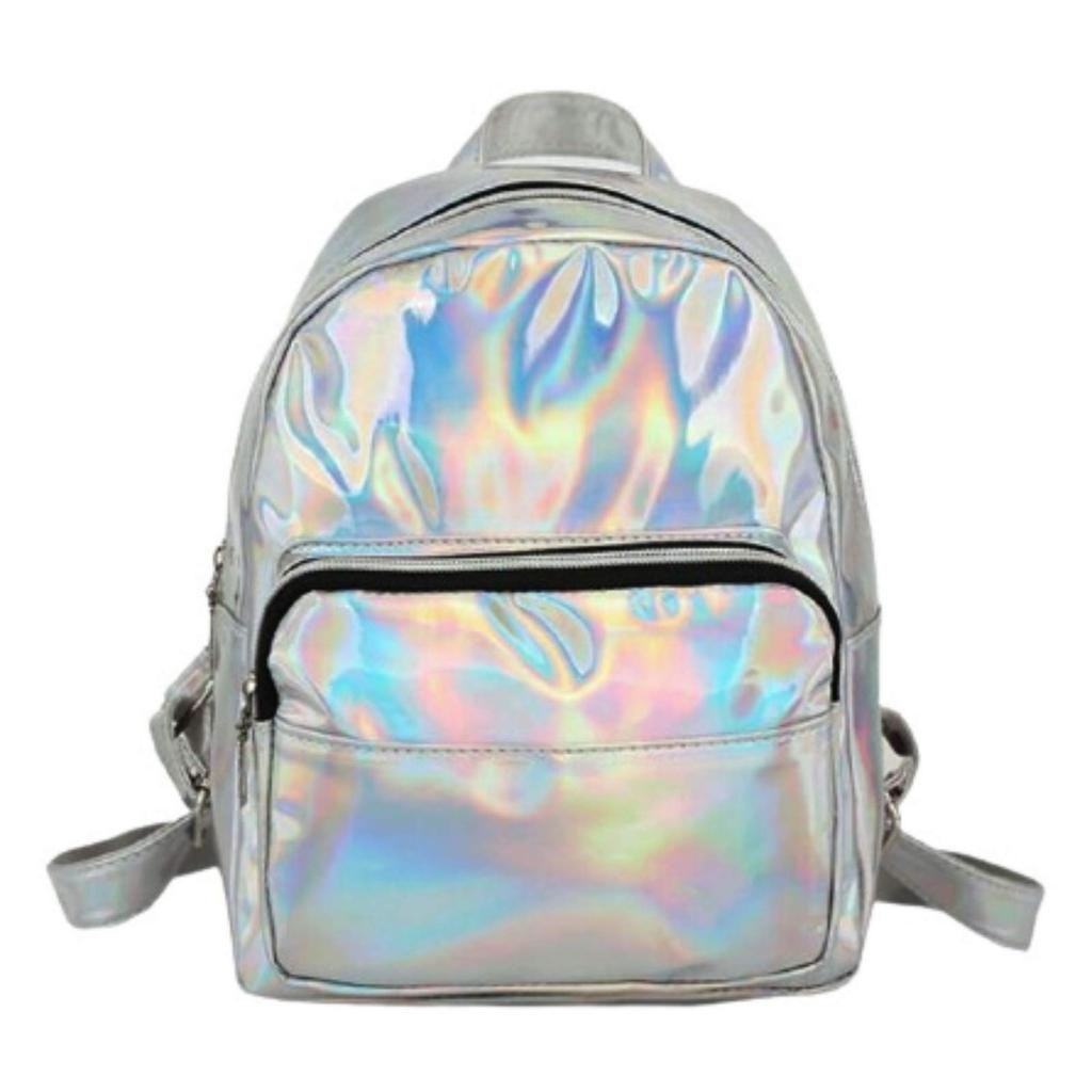 APOSITV Women's Metallic Backpack, Small, Silver and Pink, Sparkly, Lightweight, Hologram (Silver Metallic)