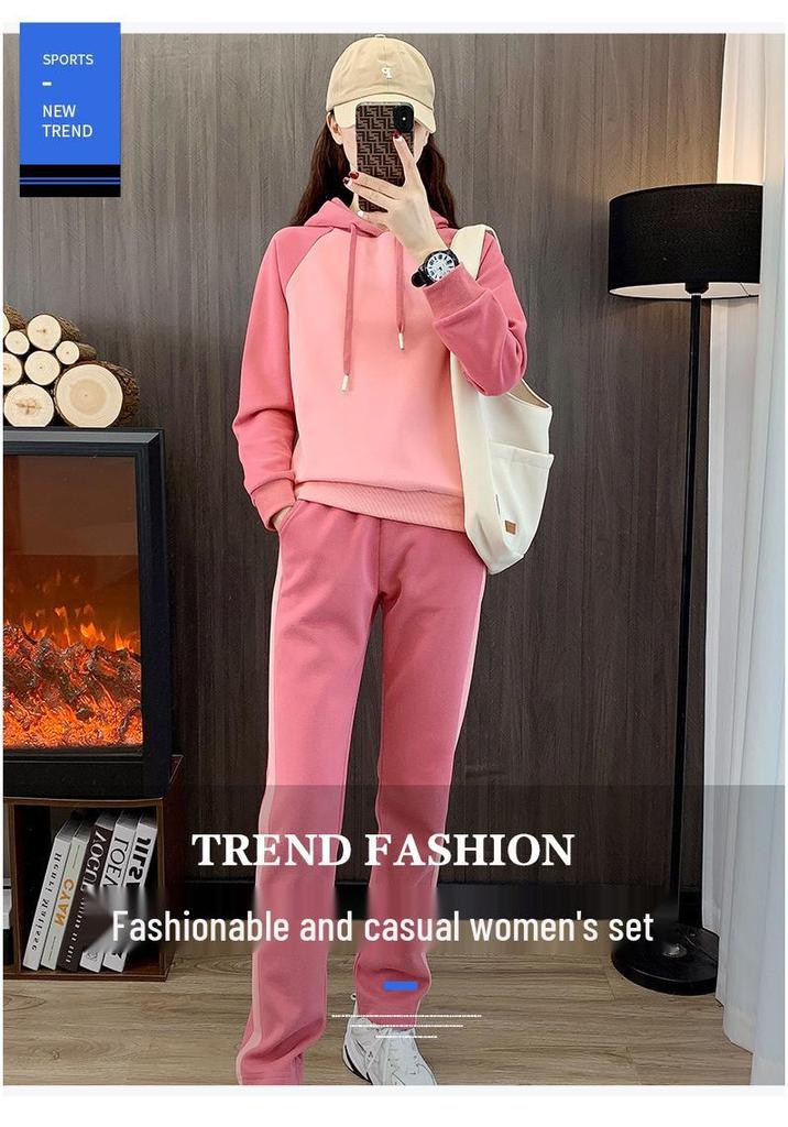 Women's Trendy Casual Suit: 2025 Spring/Autumn Fitness Sportswear with Hooded Sweatshirt & Long Pants.