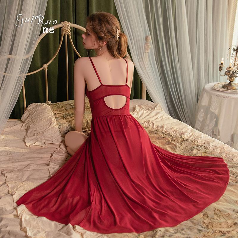 Women's Sheer Lingerie Low Cut Bow Mesh Sleep Dress with Robe Set