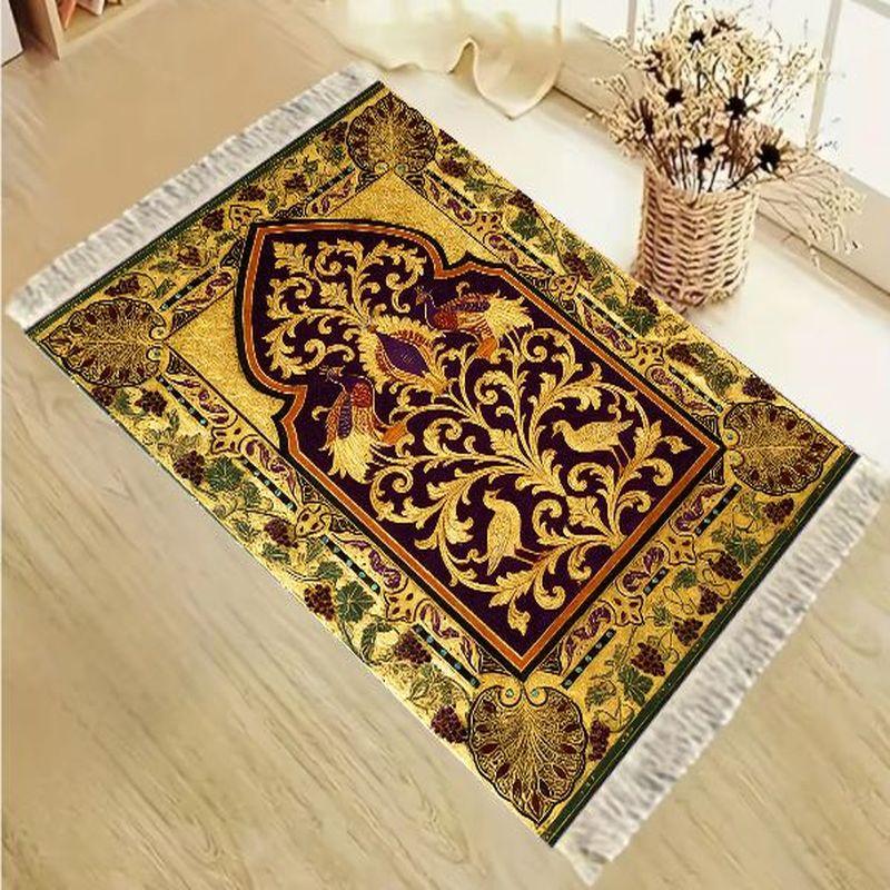 Tapis de Salat Islamique en Velours Motif Floral Bleu Vintage Arches de Mosquée Tapis de Prière Portable Antidérapant Décoration de Maison pour l'Aïd Cadeau