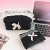 Black Women's Makeup Storage Pouch with Quilted Padding Bow Decoration Zipper Cute Female Cosmetic Coin Purse Case Bags