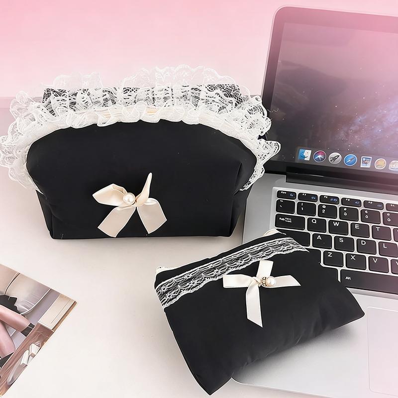 Black Women's Makeup Storage Pouch with Quilted Padding Bow Decoration Zipper Cute Female Cosmetic Coin Purse Case Bags