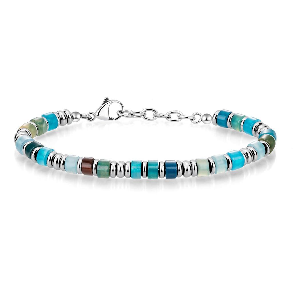 Bohemian chain bracelet, natural stone flat bead stainless steel chain, holiday gift, obsidian chain bracelet.