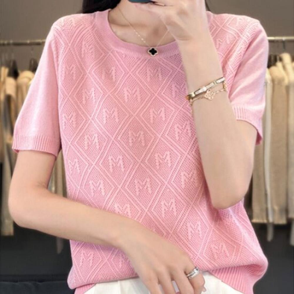 Navava Nk2152 Embossing AlphabeT Simple ShorT Sleeve KniT T shirT