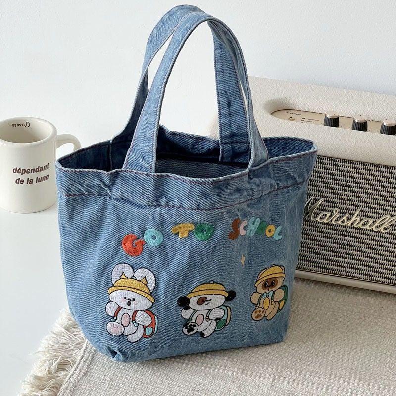 Japanese Cartoon Embroidery Washed Denim Large-capacity Handbag Student Cute Tote Bag Bucket Lunch Box Bag