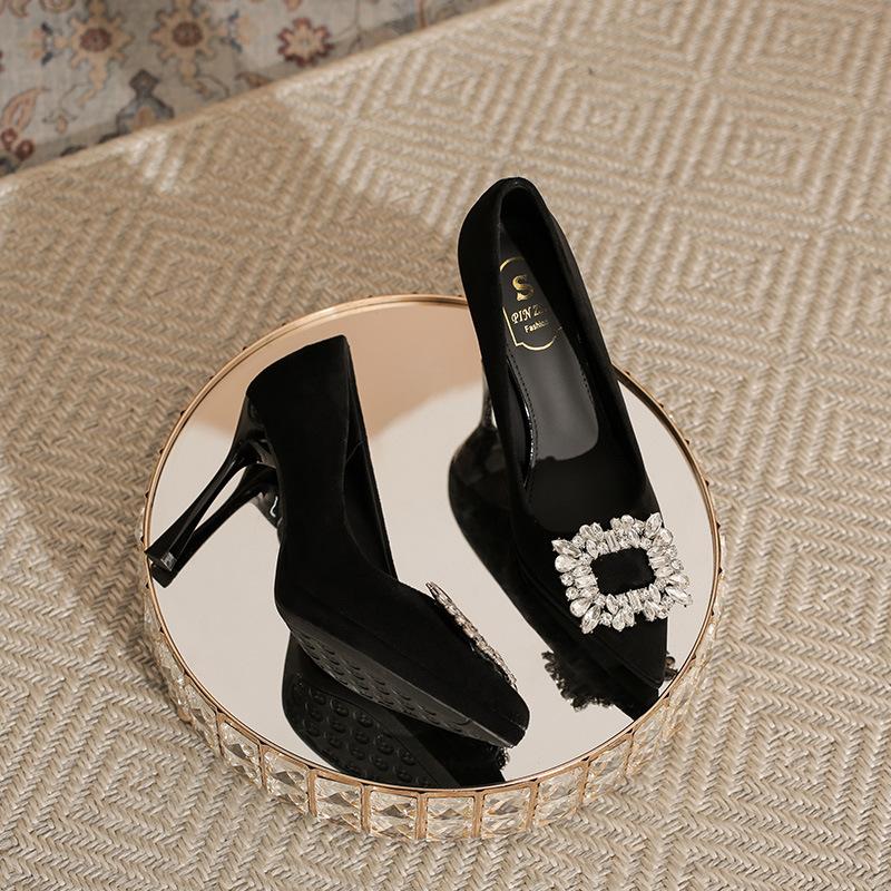 

остроносые туфли на высоком каблуке из черной замши со стразами женские остроносые туфли на тонком каблуке водонепроницаемая платформа одинарные туфли маленькие туфли для офиса 39