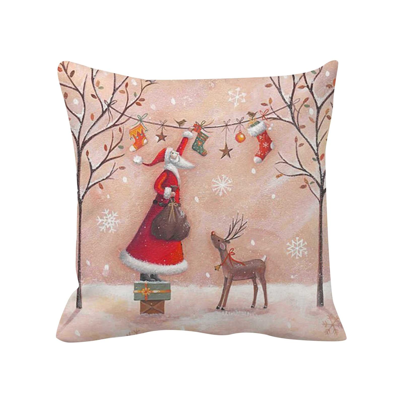 

Christmas Pillow Cover Linen Hand-painted Home Claus Elk Pillow Cover Sofa Cushion Cover One Size розовый