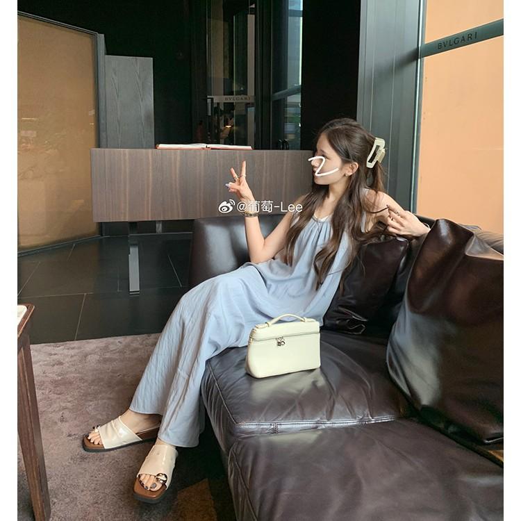 ~ Height increased by 4cm~ Metal buckle fold width one-word set toe slope heel sandals female summer
