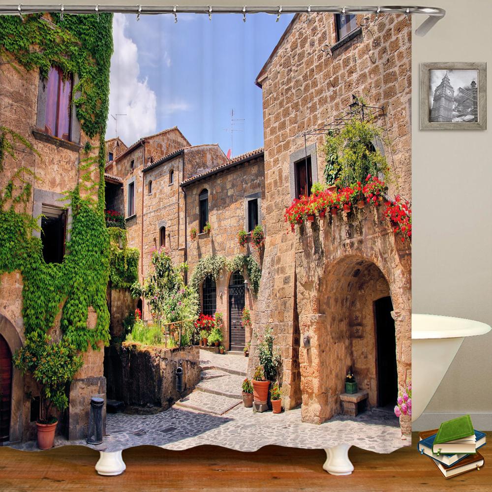 Flowers Scenery Waterproof Shower Curtains Rural Street Flowers Bathroom Curtains Polyester Fabric Washable Decor Bath Curtains
