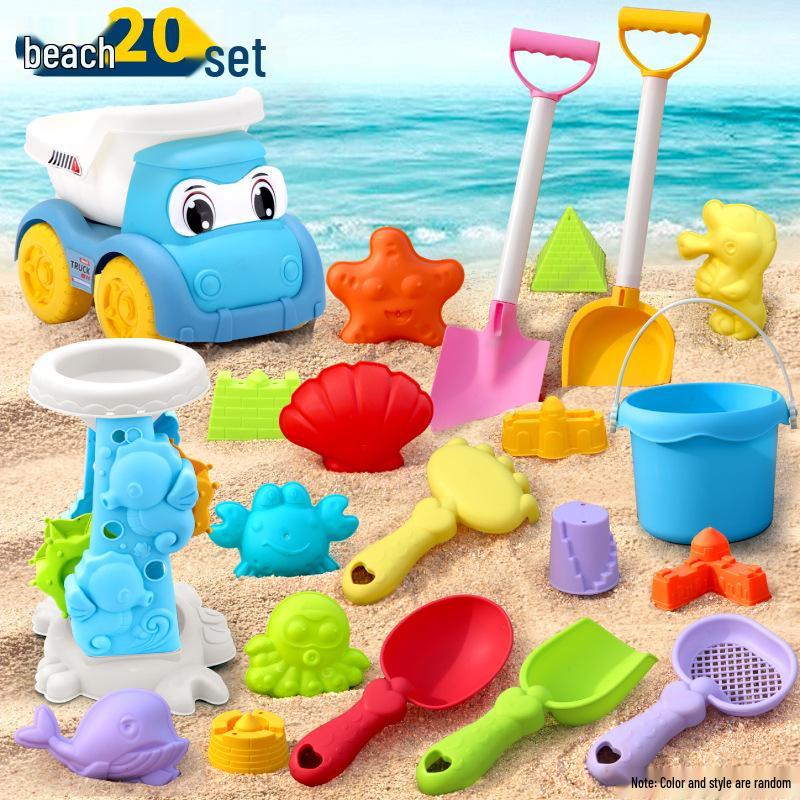 Complete Beach Toy Set: Includes Shovel, Wheelbarrow, Bucket, and Water Toys for Kids' Sand Play at the Seaside.