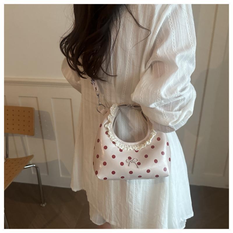 Polka Dot PU Leather Bag with Detachable Strap Lace Ruffled Handle Cute Bow Casual Purse for Daily Use