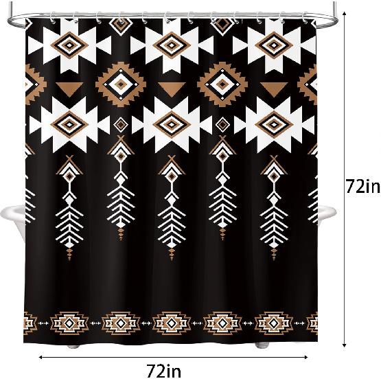 Black Western Aztec Shower Curtain, Vintage Abstract Geometric Cowboy Shower Curta Set, Boho Southwestern Tribal Native Neutral Fabric Shower Curta