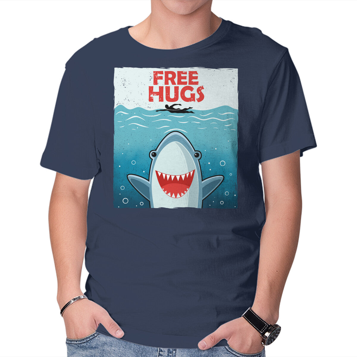 Unisex Crew Neck T-Shirt Free Shark Hugs Graphic Short Sleeve Casual Tee XL