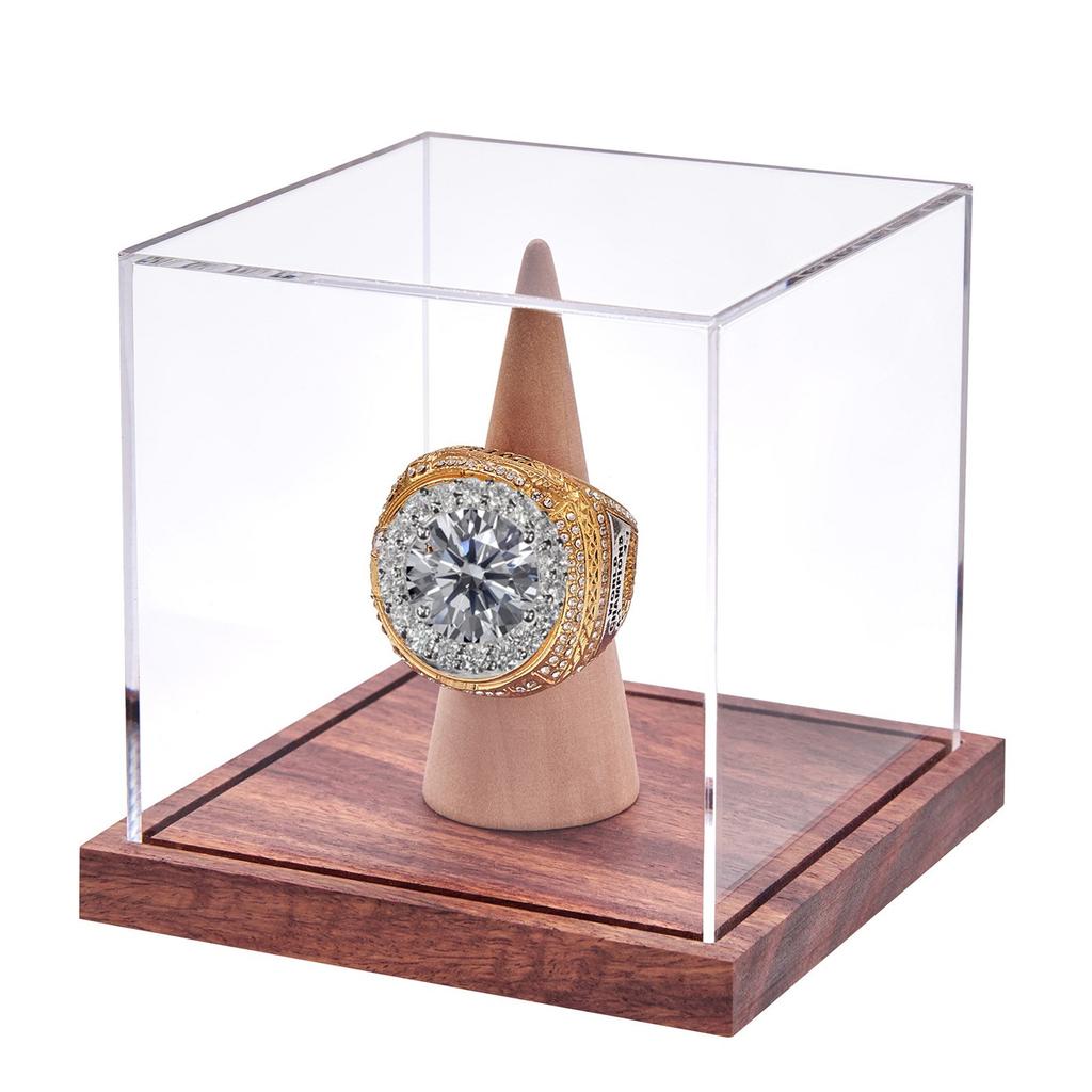 Large Championship Rings Holder Clear Acrylic Display Case Protective Wood Base Storage Rack for Baseball Rings