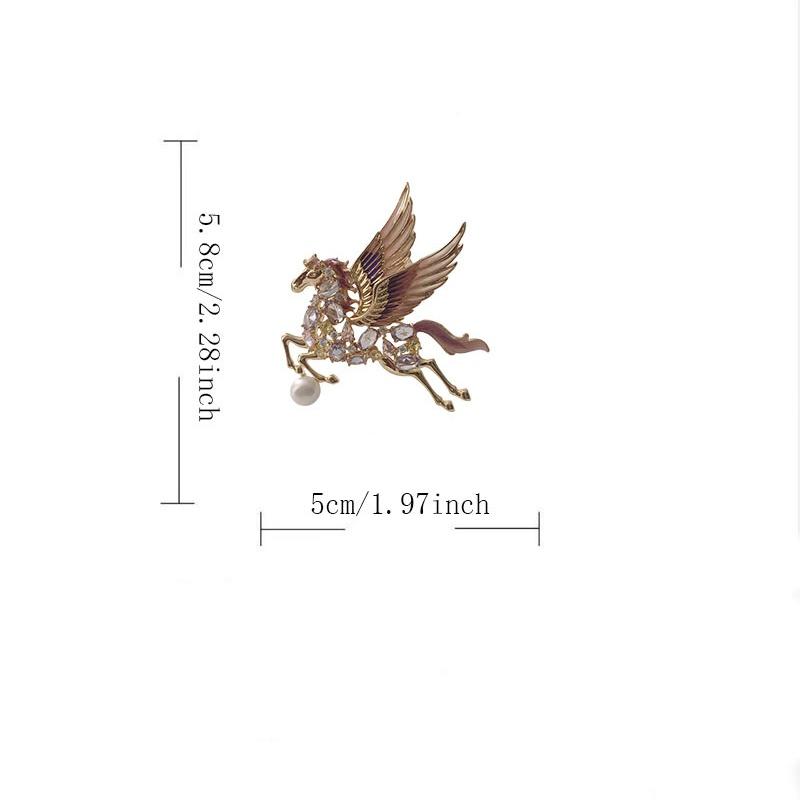Sparkling Crystal Pegasus Brooch - Enamel Winged Horse Lapel Pin with Faux Pearl