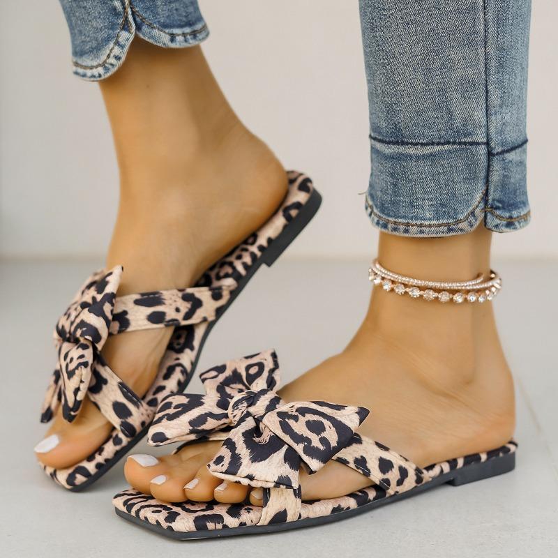 Ladies Flat Bottom Bow Leopard Print Beach Slippers Summer New Resort Sandals